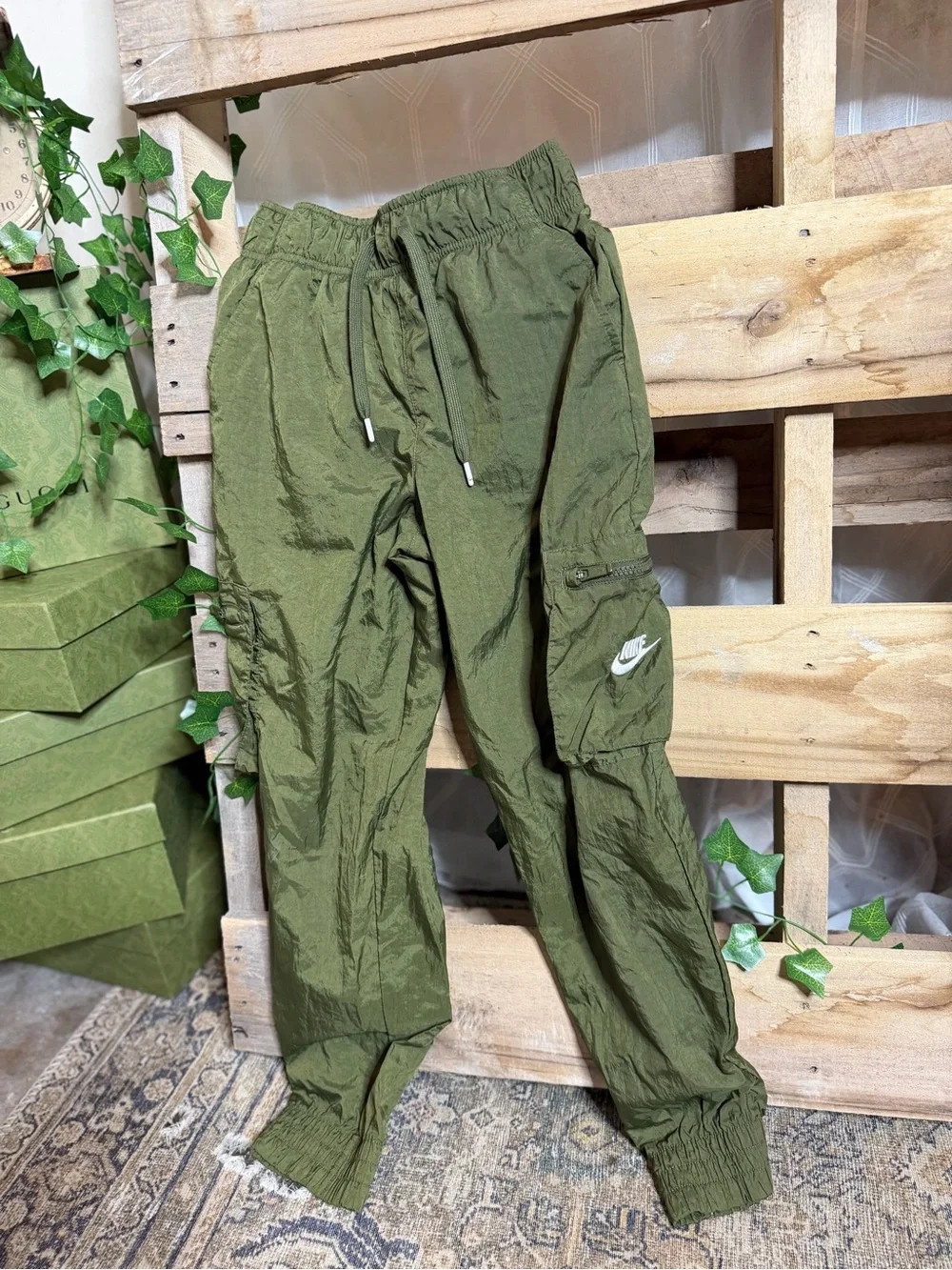 Nike Kids Black Sweatpants with Blue Logo-Print Joggers and Olive Cargo Pants
